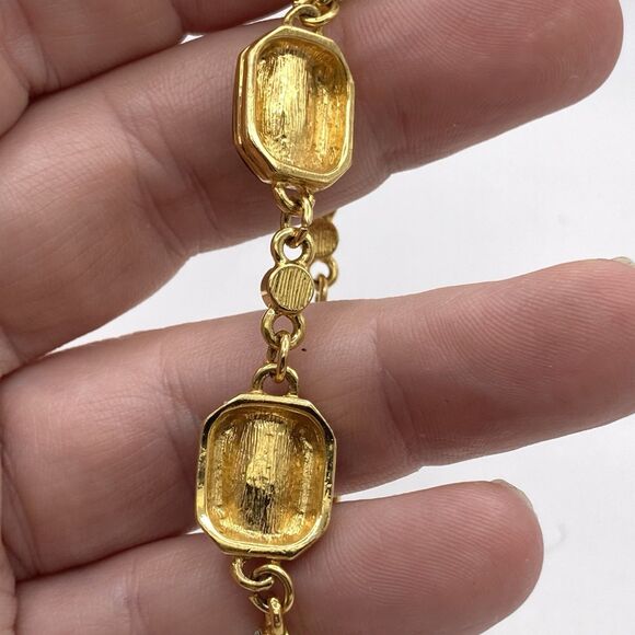 Vintage Monet Bracelet Gold tone Black enamel Clear Crystal Art Deco Geometric - Picture 3 of 5